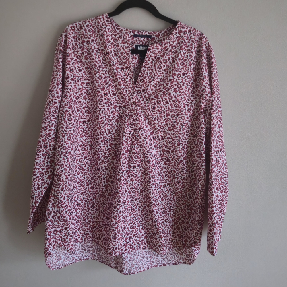 Lands' End Blouse Floral Print Split-neck Tunic Top Size XL No Iron Supima EUC